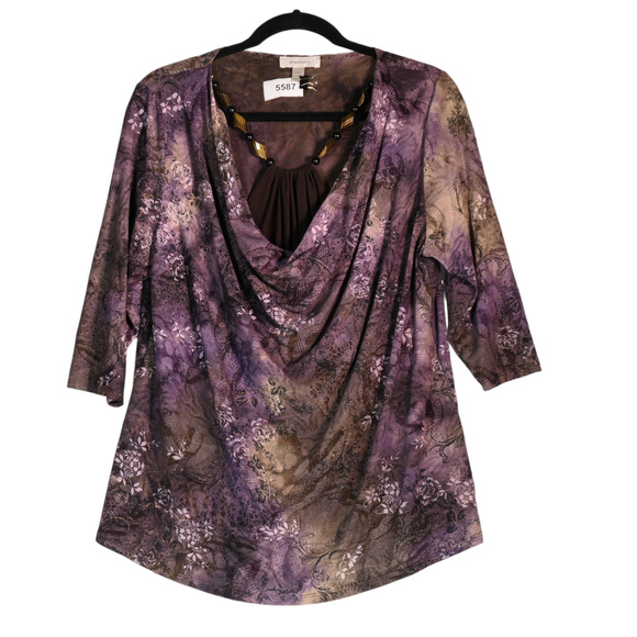 Dressbarn Blouse Womens Size 1X Purple Floral Layered Look Faux Necklace Boho - Picture 1 of 5